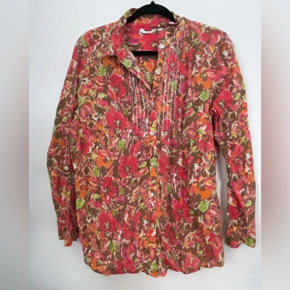 J Jill Floral Spring Colorful Button Up Long Sleeve Blouse Shirt - Picture 1 of 7